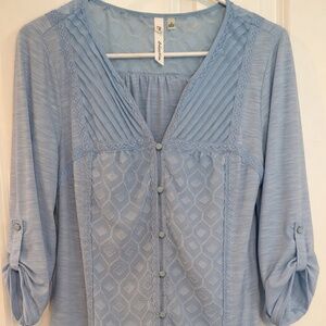 NY Collection Boho Peasant Top Roll-Up Sleeve Size M Blue Excellent Condition